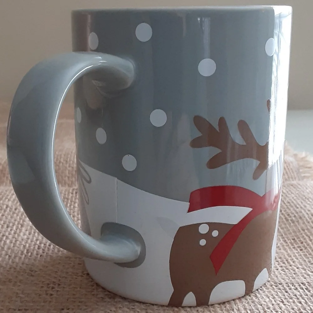 Crate & Barrel Winter Gift Fox Rabbit Snow Gray White Red 10 oz Ceramic